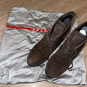 Prada Brown Suede Wedge Ankle Boots